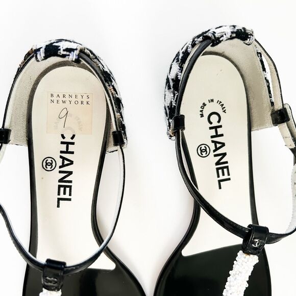 Chanel CC Sandals Tweed Patent Leather T Strap Flats Size Eu 39 - Picture 14 of 15